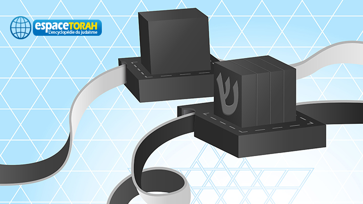 Tefillin illustration - two black boxes, one with letter Shin on side, long ribbons. Jewish traditional religious items for male prayers. Vector illustration.